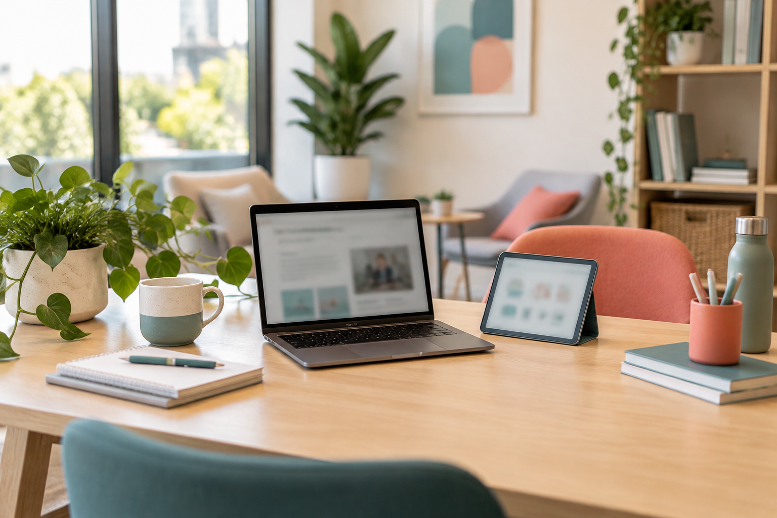 Laptop, tablet and notebooks on a shared occupational therapy workspace.